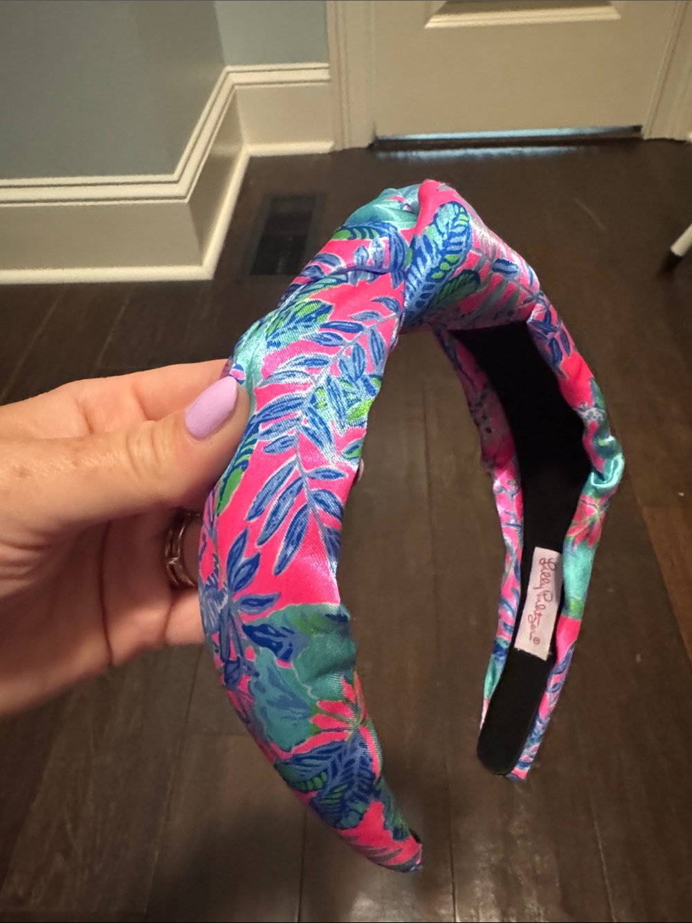 Lilly Pulitzer Tropical Pink Padded Knot Headband with Blue and Green Leaves